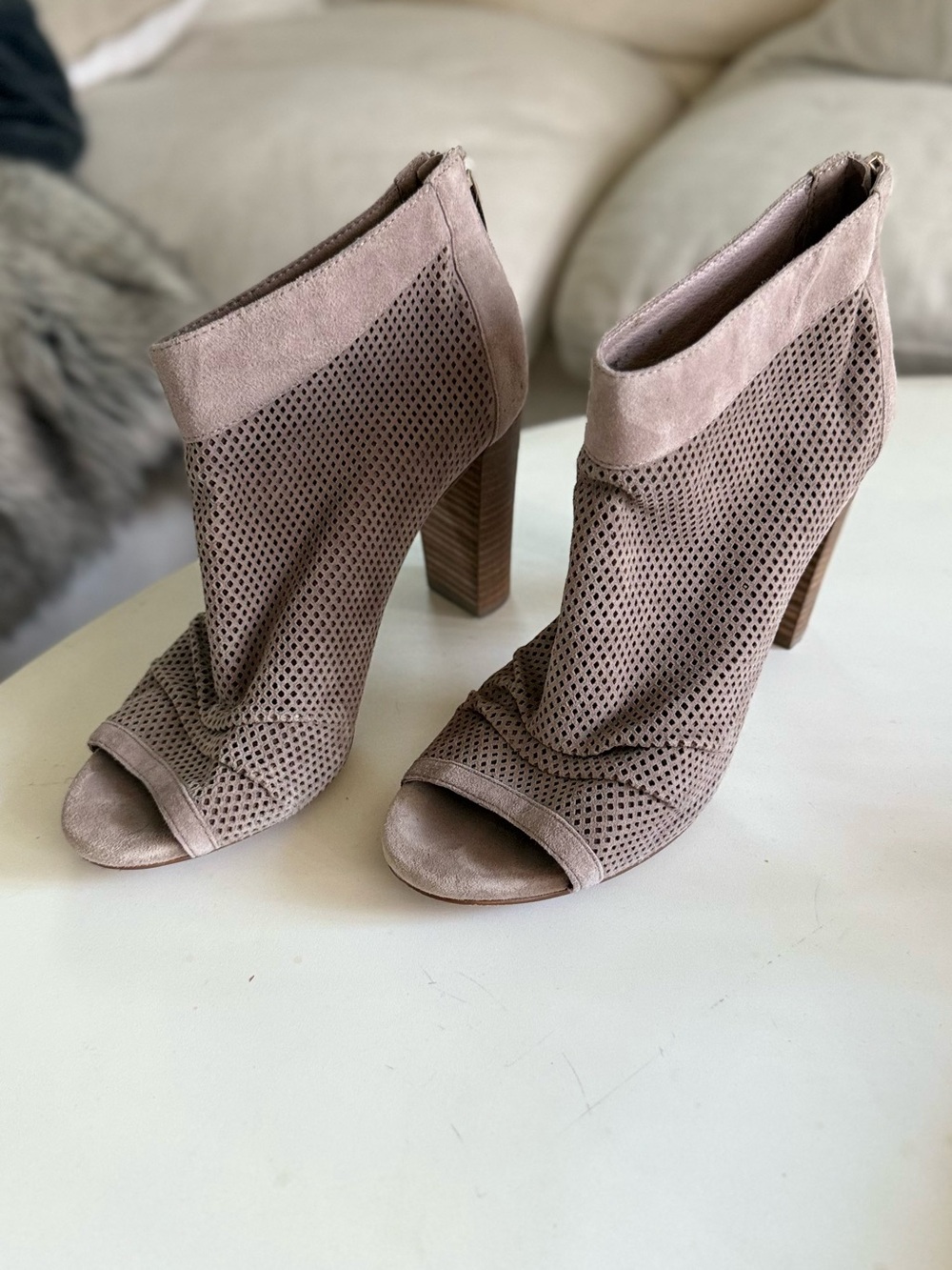 Vince Camuto Taupe Perforated Suede Peep-Toe Block Heel Booties